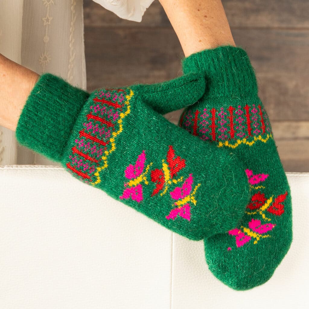 Lovely warm wool mittens in cheerful colors, grass green, pink, red and yellow