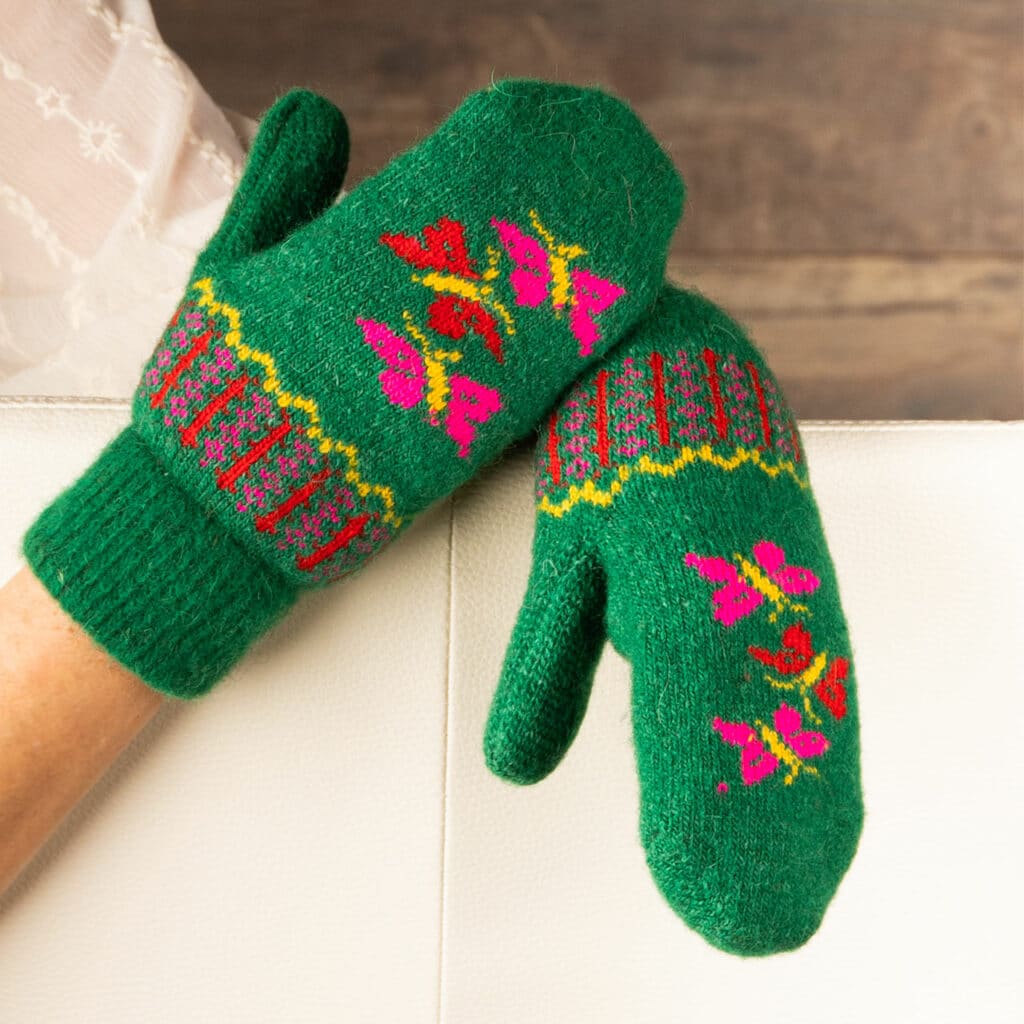 Lovely warm wool mittens in cheerful colors, grass green, pink, red and yellow