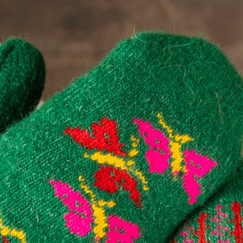 Lovely warm wool mittens in cheerful colors, grass green, pink, red and yellow